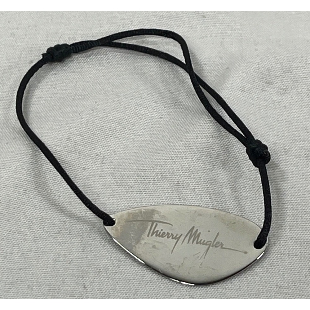 Thierry Mugler Signature Engraved Silver Tone Charm Black Cord Bracelet